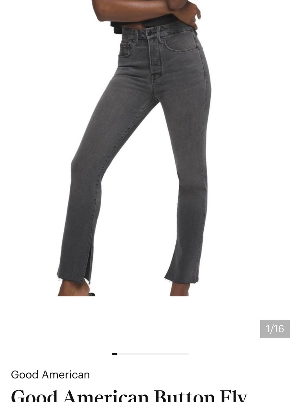 Good American Good Boy High-Rise Stretch Straight Jeans in black, ankle slit